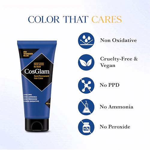 Image of Cosglam Semi Permanent Hair Color for Women & Men - Model #51 Wonder Blue (120 g) | Vegan Hair Dye with Conditioner | No Ammonia, No Peroxide, Non-Oxidative | Glossy Finish