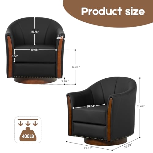 Image of Couchus 360 Swivel Accent Chair, Modern Leather Barrel Club Chair with Leather Upholstery and Sturdy Wood Base, Comfortable Armchair for Living Room, Bedroom, Reading Nook, Black