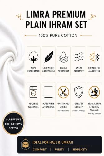 Image of LIMRA Premium Men's White Cotton Ihram Set for Hajj and Umrah | 2-Piece Quality Cloth | Free Size 46 inch X 92 inch - Divine Comfort! (Plain)