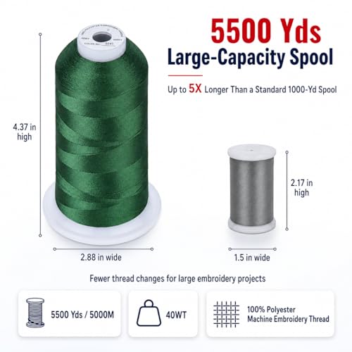 Image of Simthread 5000M 40WT Polyester Embroidery Thread, Holly Green S041 | 5000M 40WT polyester thread feeds smoothly for machine embroidery, monograms, logos, patches and quilting.