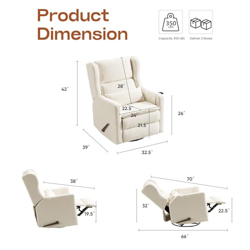 Image of Swivel Rocker Recliner Chair,Glider Rocker Recliner Nursery Chair with Adjustable Headrest, Rocking Chair Nursery with Lumbar Support, Manual Recliner with Cup Holder and Side Pockets, White