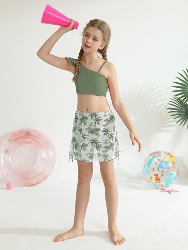 Girls Swimsuits 3 Pcs Bikini Set Ruffle Sleeve Solid Swimwear Tropical Cover Up Skirt Kids Teen Bathing Suit 9-16 Years2