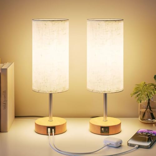 UPXNBOR Nachttischlampe 2er Set mit Ladefunktion über USB-A- und USB-C-Anschlüsse, Nachttischlampe Touch Dimmbar mit 3 Stufen warmem Licht für Schlafzimmer und Wohnzimmer (E27 Glühbirne inklusive)