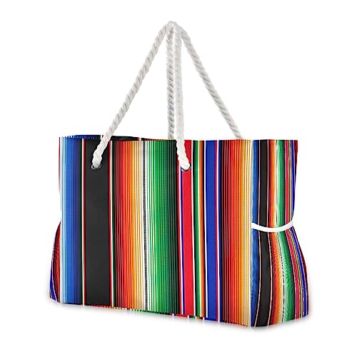 YETTASBIN Mexican Serape Blanket Stripe Large Beach Tote Bag, Lightweight Waterproof Sandproof Swim Pool Bag with Rope Handles & Zipper for Beach Travel Outdoor