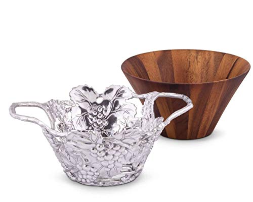 Arthur Court Designs Acacia Wood Salad Bowl with Aluminum Grape pattern stand 12\" Diameter - Thumbnail 4