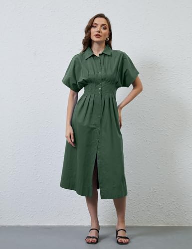 Image of MSBESYOR Women Button Front Pleated Shirt Maxi Dress Summer Striped Prints Short Sleeve Collar Casual Long Dresses