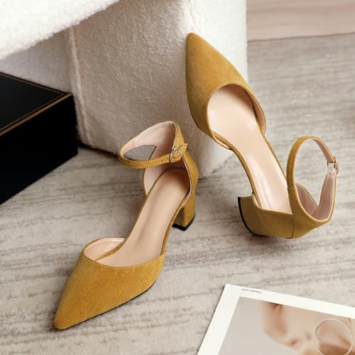 Mettesally Women's Low Block Heels Chunky Heel Closed Pointed Toe D'Orsay Pumps Ankle Strap Heeled Party Dress Shoes2
