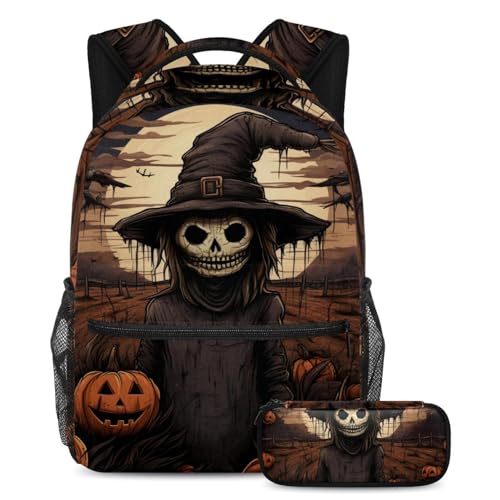 Sac à dos épouvantail d'Halloween multicolore pour étudiant avec trousse de rangement