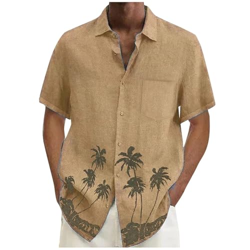 Yekdmxop Camisa elegante de manga corta hawaiana para hombre, camisa de verano firmada, corte ajustado, coreano, henley, blanco, con botones, camisas de playa, fiestas, funky y estampado de palmeras