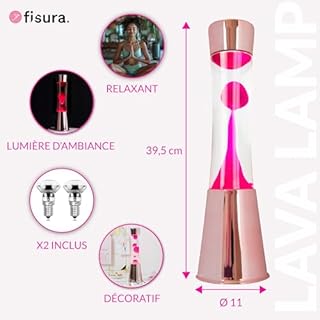 Fisura. - Lampe à Lave Rose Avec Base Chrome, Liquide Transparent. Lampe d'Ambiance Originale. Ampoule de Rechange Incluse. 11 cm x 11cm x 39,5 cm