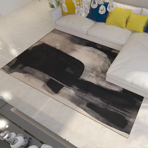 Tapis impression coup de pinceau noir et blanc expressionnisme abstrait