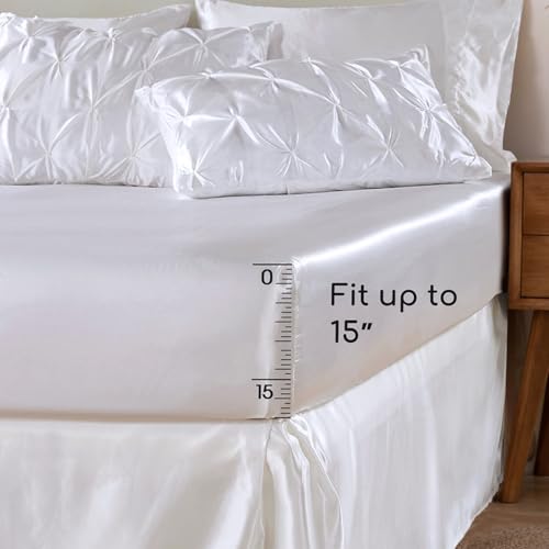 MR&HM Satin Comforter Full 7 Pieces - Luxurious Pinch Pleat Bedding Set with Comforter, Flat Sheet, Fitted Sheet, Pillowcases & Shams, Super Silky Soft Bed Set for All Season (Full, White)