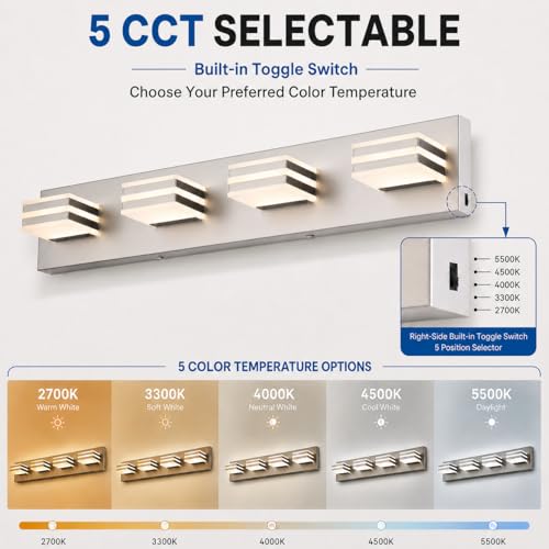 Image of 4-Light Brushed Nickel Bathroom Vanity Light, 27 Inch 32W 5CCT Dimmable LED Wall Fixture, Hardwired Over Mirror Lighting with Clear Acrylic Shade for Bathroom Remodel