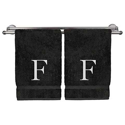 Monogrammed Hand Towel, Personalized Gift, 16 x 30 Inches - Set of 2 - Extra Absorbent 100% Turkish Cotton- Soft Terry Finish - for Bathroom, Kitchen and Spa- White Block Letter F Black Cover