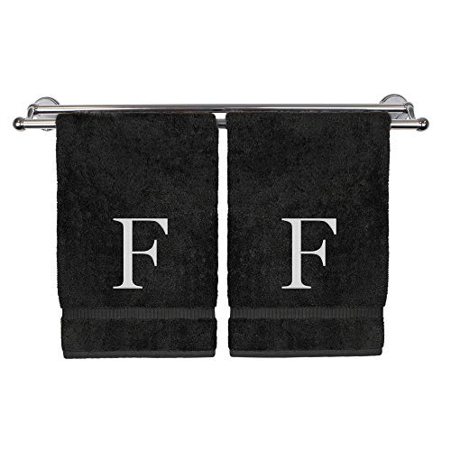 Monogrammed Hand Towel, Personalized Gift, Set of 2- White Block Letter Embroidered Towel - Extra Absorbent 100% Turkish Cotton - Soft Terry Finish - Initial F Black
