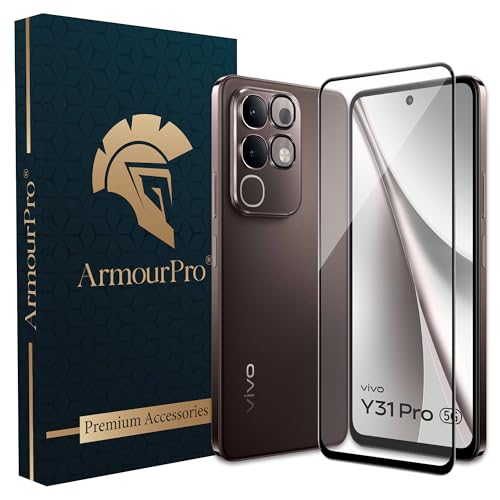 Image of ArmourPro Edge to Edge Tempered Glass for Vivo Y31 Pro with Black Camera Ring Guard, 9H Screen Protector, Anti-Scratch, Anti-Fingerprint, Bubble-Free Installation Kit