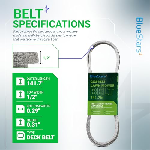 Image of BlueStars GX21833 Lawn Mower Deck Belt | Aramid Cord | 1 /2 inch x 141.7 inch