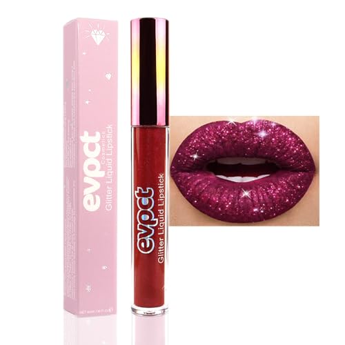 Image of evpct 1Pcs Dark Red Glitter Metallic Shimmer Diamond Lipstick Lip Gloss Stain Set for Women Long Lasting Waterproof, Hot Bright Red Sparkle Glitter Matte long wear Liquid Lipstick Lip Makeup Kit, 04#
