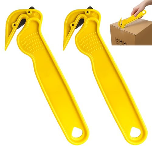 2PCS Safety Knife, Box Cutter Safety Knife, Box Opener, Yellow Hook Knives, Cardboard Cutter, Utility Knives Blades for Cardboard, Warehouse, Packaging (Set of 2)