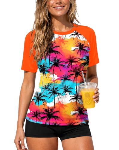 Image of AOBUTE Women Short Sleeve Rash Guard UPF 50+ Tropical Sun Protection Floral Swim Shirts