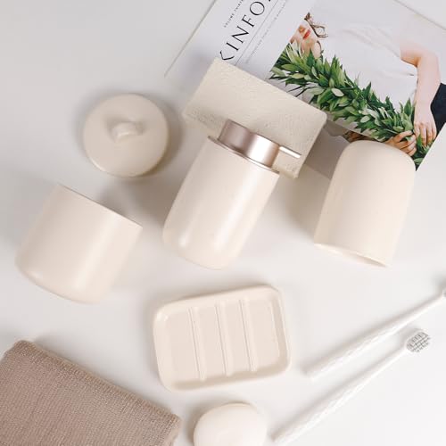 Image of BosilunLife Apricot Ceramic Bathroom Accessories Set of 4 | Bathroom Decor Sets Accessories Bathroom Lotion Soap Dispenser and Toothbrush Holder Set, Soap Dish, Apothecary Jars.(Liquid)
