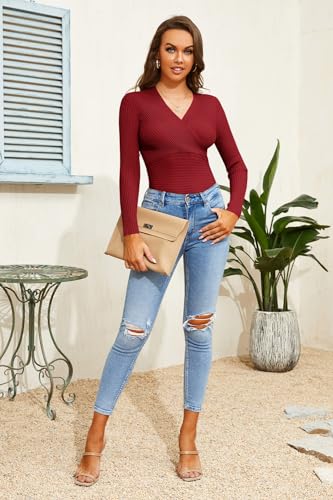 Image of Fangetey Womens Deep V Neck Sexy Wrap Sweater Long Sleeve Slim-Fitted Knitted Jumper Top