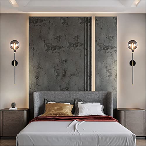 Image of KCO Lighting Modern Glass Globe Wall Sconce Light Set of Two Brass and Black Large Light Contemporary Smoke Glass Hallway Long Sconce Wall Light Set of 2