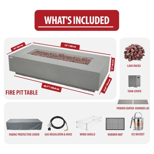 Image of AMS Creations | Savanah 72 inch Bundle Rectangular Cast Concrete Propane Gas Fire Pit Table | Light Gray | Smooth Texture Surface | Electronic Ignition | Outdoor Patio Heater Outside Backyard Fireplace