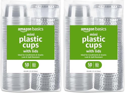 Image of Amazon Basics Disposable Plastic To-Go Cups and Lids, Mini, 2oz, 50 Count, BPA Free, for Condiment, Salad Dressing, Sauces, Jello Shots (Pack of 2)