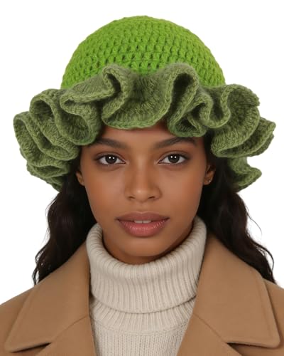 Image of Women Crochet Bucket Hat Cute Winter Ruffled Brim Floppy Cap Handmade Knit Cloche Hats