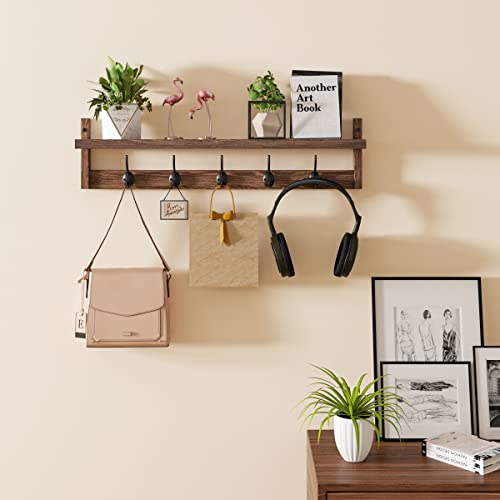 Ambird Wall Hooks With Shelf 28.9 Inch Length Entryway Wall Hanging Shelf Wood Coat Hooks For Wall With Shelf Wall-Mounted Coat Hook Rack With 5 Dual Hooks For Bathroom, Living Room, Bedroom (Brown ) #TOP2