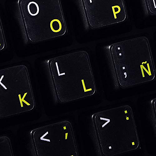 4Keyboard Spanish (Latin American) Keyboard Sticker with Yellow Lettering ON Transparent Background for Desktop, Laptop and Notebook