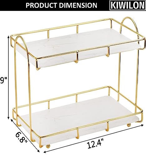 Image of 2 Tier Golden Countertop Organizer Rack - 12.4 x 6.8 x 9 Inch | with Black Marble Finish Look | Plastic Tray Cosmetic Storage Shelf | Ideal for Bathroom & Kitchen | Durable & Comfortable Use