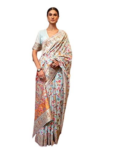 Sari indien traditionnel Kashmiri en soie fluide blanc anti plis 3856