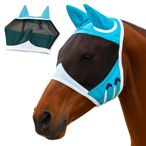 Fliegenmaske Pferd mit Ohrenschutz & Elastizität, Uv-Beständig, Atmungsaktive Fliegenhaube Pferd Cob Größe L (Blau - Magischer Aufkleber - M)