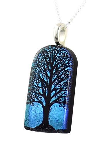 Modern Artisans Tall Tree of Life American-Made Dichroic Glass Pendant with Sterling Silver Necklace, Adjustable 16-18 Inches - Day Color (Sky Blue)