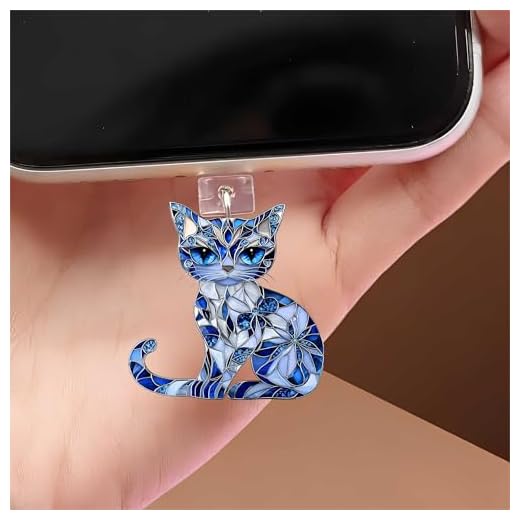 Blue Stained Glass Cat Dust Plug Acrylic Charms for electronic products,Type-C Charging Port Dust Plugs Pendant Compatible with E-Reader Phone Tablet, Gift for Christmas, Birthday, Anniversary Day