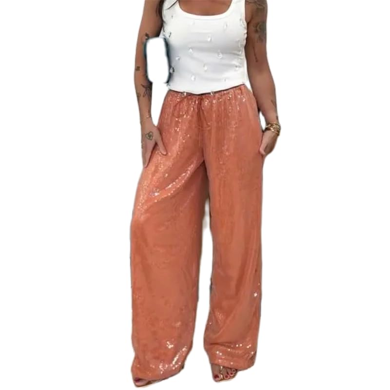 Adoeren Women Sparkly Sequin Wide Leg Pants Shiny Elastic Low Rise Drawstring Palazzo Pant Glitter Baggy Party Long Trouser