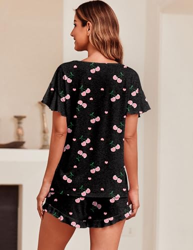 Image of Ekouaer Women's Pajama Set Ruffle Sleeves Top and Short | 2 Piece Ruffle Hem Sleeves Top and Shorts Pjs Set, Soft Short Sleepwear Set, Elastic Waistband Design