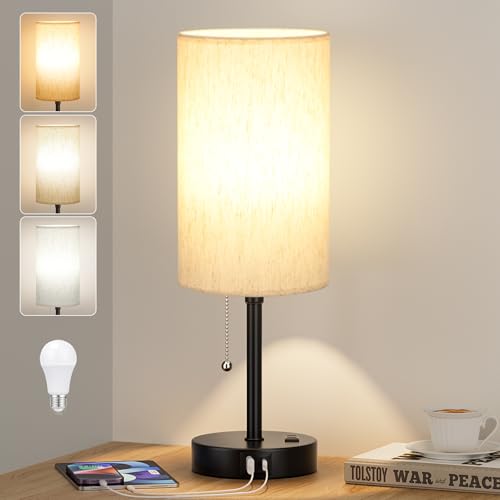 Table Lamp for Bedroom - Pull Chain Desk Lamp with 3 Color Temperatures