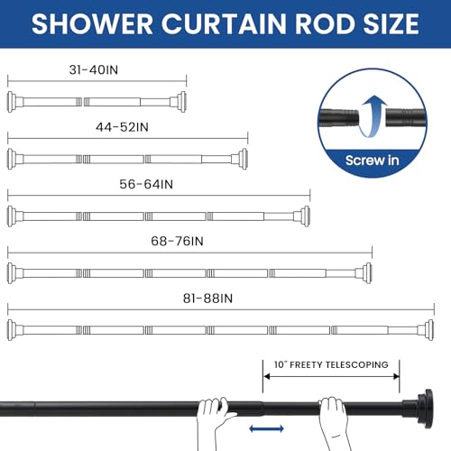 Image of Tension Shower Curtain Rod Shower Pole 30-76 Inch No Drilling Adjustable Spring Tension Rod Curtain Rod for Bathroom Window or Closet Easy Install Stainless Steel Anti-Slip Matte Black