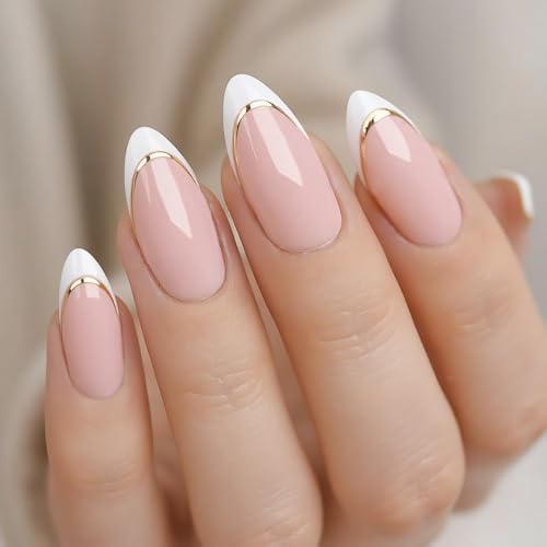evpct French Tip Press On Nails Almond Medium, Nude Pink + Gold Line & Wihte Tips, Medium Almond Fake False Press on Nails, Soft Gel Stick on nail Press ons with Nail Kit, Reusable Salon Quality