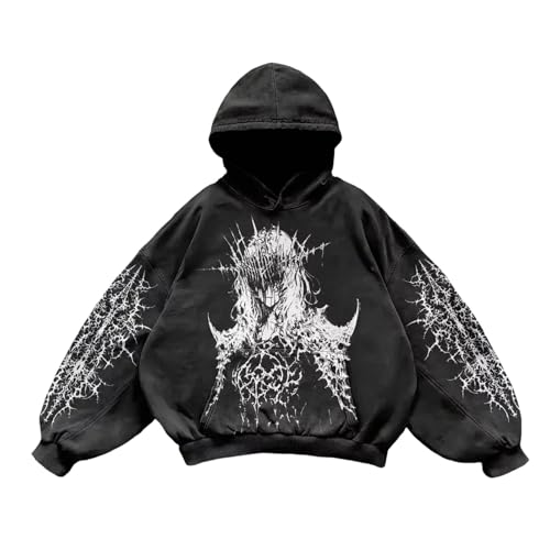 Zanisouta Sudadera con capucha para hombre con estampado de anime, estilo vintage Harajuku, camiseta informal Y2K, streetwear de tendencia, camiseta deportiva casual, estilo baggy, Q negro., M