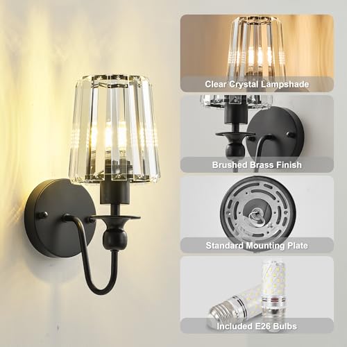 Image of KARTOOSH Hardwired Crystal Wall Sconces Set of 2 | 11.2 Inch Black Wall Lights Dimmable 3000K Warm White Wall Lamps for Hallway, Bathroom, Living Room, Bedroom