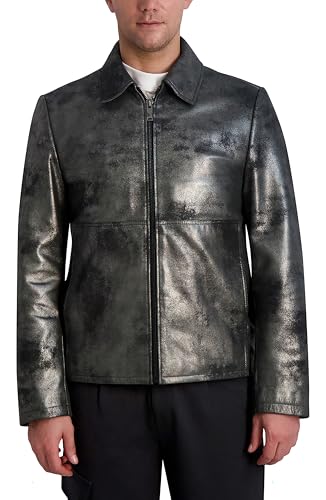Image of Karl Lagerfeld Men's Shirt Collar Silver Leather Jacket
