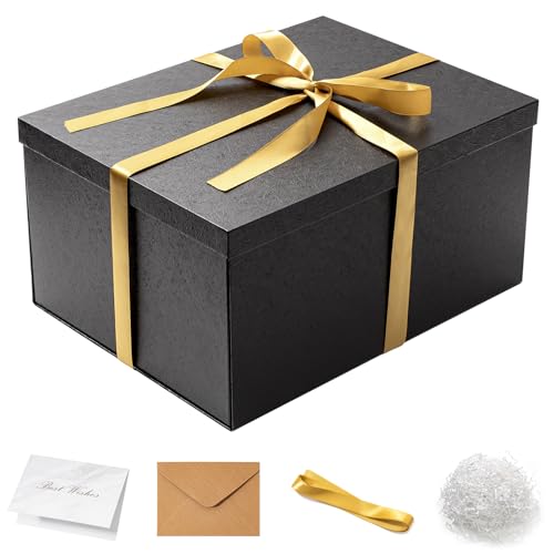 Mefleet 16x12x8 Inches Large Gift Box with Lid for Presents Big Deep Black Gift Boxes 1 Pack for Christmas Birthday Valentines Day Mothers Day Presents - Contains Crinkle Paper Ribbon and Card