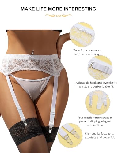 Image of Women Floral Lace Garter Belt Plus Size Mesh Suspender Belt Set with 4 Straps Metal Clip for Thigh Highs