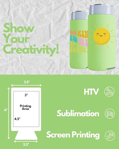 Image of PartyPrints 25 Pack Neon Green Blank Slim Can Cooler Sleeves | Plain Seltzer Customizable Bulk Coolers for Beer Bottles & 12oz Tall Cans | Skinny Collapsible Drink Insulated Sleeve