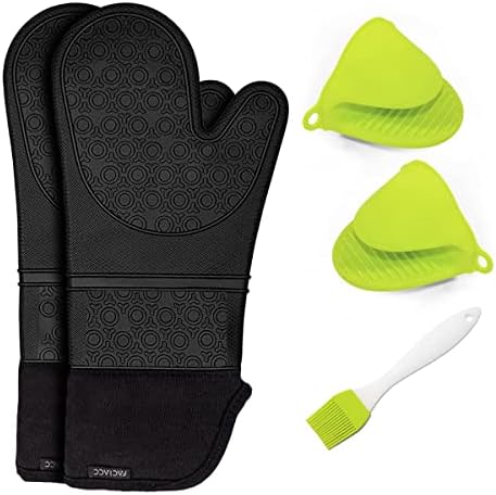 FACIACC Oven Gloves Set, Silicone Kitchen Gloves with Cotton Lining Heat Resistant Waterproof Gloves with Extra Oven Mitts Pot Holder with Silicone Brush for Microwave BBQ Cooking Baking (Black)