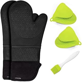 FACIACC Oven Gloves Set, Silicone Kitchen Gloves with Cotton Lining Heat Resistant Waterproof Gloves with Extra Oven Mitts Pot Holder with Silicone Brush for Microwave BBQ Cooking Baking (Black)